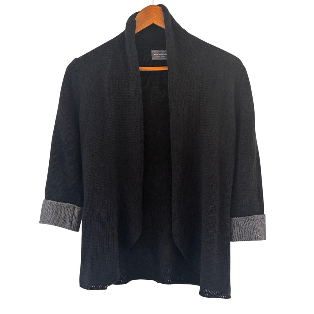 Wooden Ships Cardigan Women XS Black Mohair Wool Blend Open Front Knit Sweater